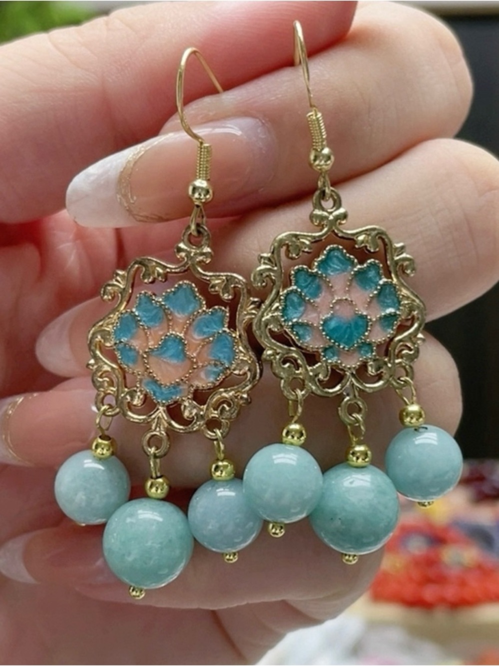 Gold and Aqua Bead Floral Drop Earrings
